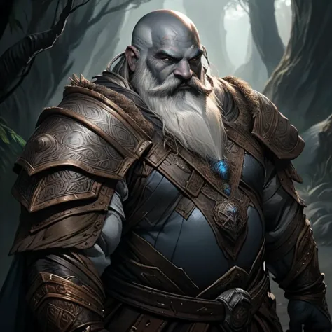 dwarf, chubby, bald, beard colored skin, dark skin, blue skin, grey skin, leather armor, druid,