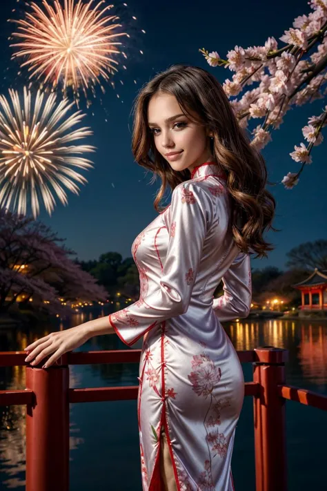 wearing a Cheongsam, shiny silk, floral design, looking at viewer, smirk, happy, medium shot, standing, outside, lake, night tor...