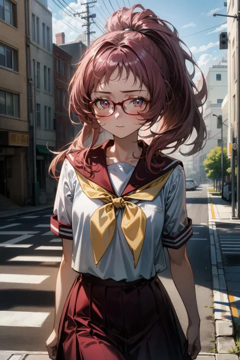 1girl, (masterpiece:1.3), (high resolution), (8K), (extremely detailed), (4k), (pixiv), perfect face, nice eyes and face, (best quality), (super detailed), detailed face and eyes, (solo), textured skin, absurdres, highres, miewz, glasses, long hair, ponytail,  serafuku, sailor collar,yellow neckerchief, white shirt, purple eyes, , red skirt, red hair, BREAK
walking, city, street, closed mouth,