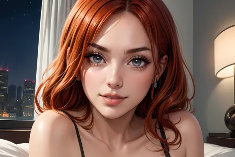 1 girl, mature female,  nami, long hair, nami face, orange hair, floating hair, miss fortune \(league of legends\), bare shoulders, (sleeveless:1.2), portrait, close up, round breasts, (pressed breast), (night:1.2), bed, hotel bedroom, luxury bedroom, window, city, buildings, lights, steamy body, looking at viewer,  offcial art,extremely detailed CG unity 8k wallpaper, perfect lighting,Colorful, Bright_Front_face_Lighting, bright light, light colors, (masterpiece:1.0),(best_quality:1.0), ultra high res,4K,ultra-detailed, photography, 8K, HDR, highres, (vibrant_color:1.2),large_eyes, eyelashes, long_eyelashes, soft body, professional photograph, (beautiful_face:1.5),  sexy smile, seductive smile, closed mouth, beautiful eyes, beautiful eyebrows, beautiful nose, beautiful lips, red lips, glossy lips,  (jewelry:1.2), shiny jewelry, lingerie, black lingerie, lace bra, expensive lingerie,