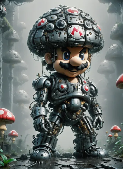 ais-mechdystopia cyborg Super Mario robot in ais-mechdystopia Mushroom Kingdom, SMB Artstyle, <lora:Mech_Dystopia_Style_SDXL:0.8...