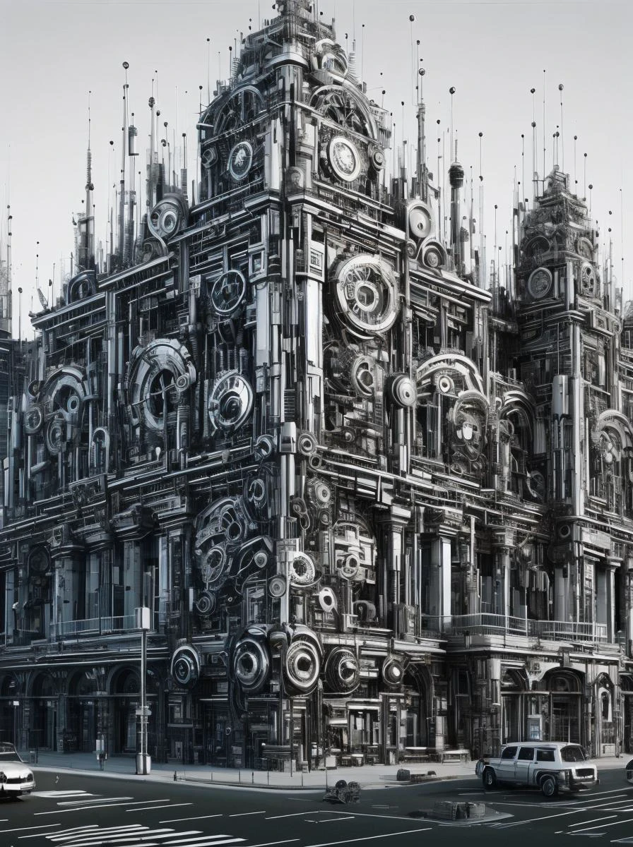 ais-mechdystopia clock, rhythmisch tickend im Herzen eines vergessenen Stadtplatzes, unter dem wachsamen Blick verwitterter Statuen 