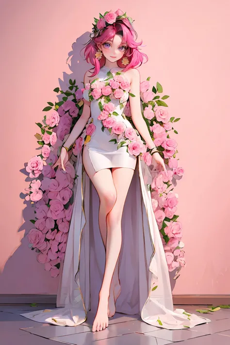 (masterpiece,8k high quality detailed,highres),movie poser \(girl\),comic_style,,detailed_image,
(a teenage girl posing),
(, azurevivian,1girl,pink hair,earrings,purple eyes,forehead,medium breasts),Charming Smile,detailed_face,
Leaning against a wall with one leg bent,,
(, future005,Bare shoulders,see-through dress,Hair accessories,leaf,Pinkflowers,Whiteroses,barefoot),(,detailed clothing texture,detailed_skin_texture),