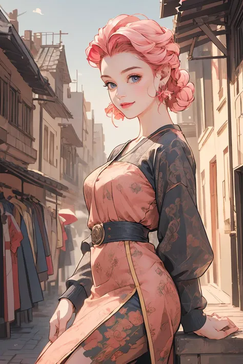 8k high quality detailed,highres,anime,comic,detailed image,
(an illustration of a teenage girl posing,(an illustration of girl,teenage girl)),(magazine_illustration),
(, azurevivian,1girl,pink hair,earrings,purple eyes,forehead,medium breasts),(Winsome Smile),detailed_face,
((Sitting on a staircase, looking upward,):0.8),
((,red dress,realistic_silk_texture):0.85),(,realistic clothing texture,realistic_skin_texture),<lora:Azure_Dreams_-_Vivian:0.65>,<lora:anxiang:0.4>,<lora:more_details:0.2>