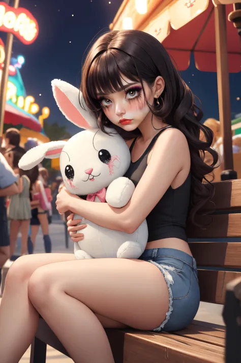 1girl, young woman, runny makeup, tears, makeup tears, sad, (crying:0.85), curly hair, blush, bangs, tank top, denim shorts, girl sitting, color print, a young woman sobbing, plush toy, toy rabbit, white rabbit, girl hugging toy, holding toy in front of her, multiple persona, blurry background, Night, amusement park, fireworks, absurdres, detailed character design, Resolution: 4k, best quality, masterpiece, high resolution, <lora:runny_makeup_v0.2:0.85>,