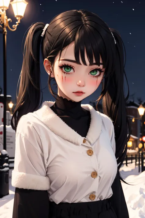 a girl with long hair and green eyes standing in the snow