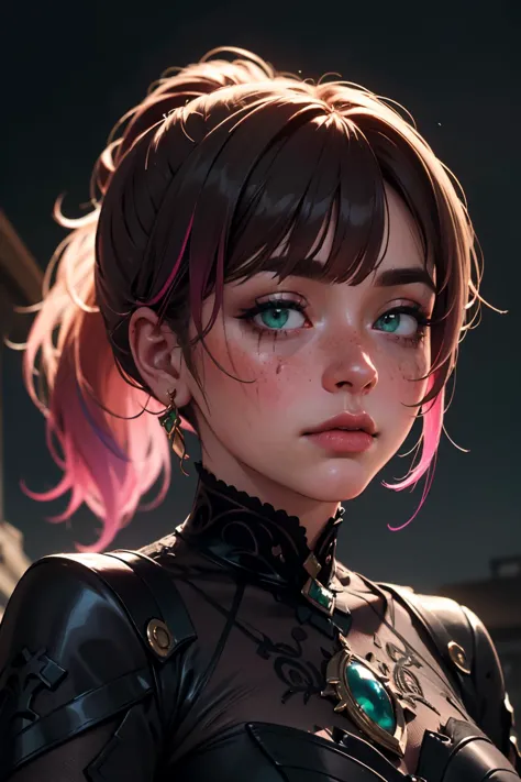 (masterpiece, best quality, highres, high resolution:1.2), extremely detailed, intricate details, 1girl, solo, looking at viewer, clamEmma, <lora:clamEmma:0.6>,  <lora:runny_makeup_v0.2:1> runny makeup, side-swept bangs, black hair, pink IncursioDipDyedHair, messy mid ponytail, green eyes, thick eyebrows, freckles, <lora:DipDyedHair:0.8>, <lora:weight_slider_v2:0.25>, (cinematic lighting, bloom, volumetric)