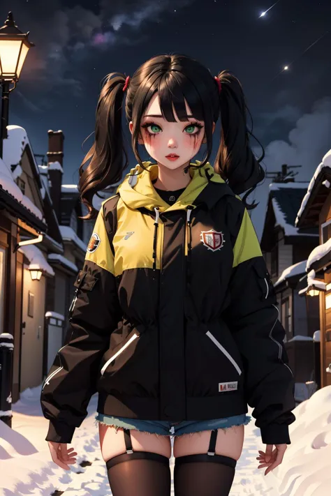 a woman in a black jacket and shorts standing in the snow