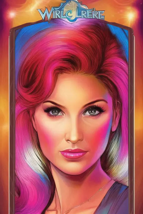 1girl, portrait, tarot card ,vivid colors , incredible feminine comic superhero beauty ,wild hair colors, digital art  , trading...