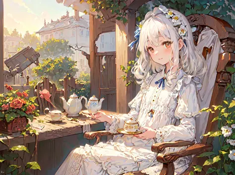 (masterpiece, best quality:1.3), ((illustration), detailed eyes, detailed face, ((still life)), ((1 charming white-haired girl))...