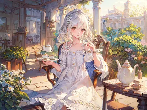 (masterpiece, best quality:1.3), ((illustration), detailed eyes, detailed face, ((still life)), ((1 charming white-haired girl))...