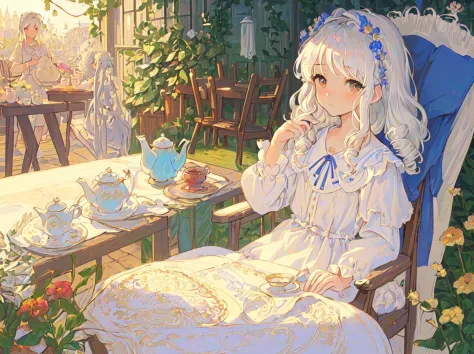 (masterpiece, best quality:1.3), ((illustration), detailed eyes, detailed face, ((still life)), ((1 charming white-haired girl))...