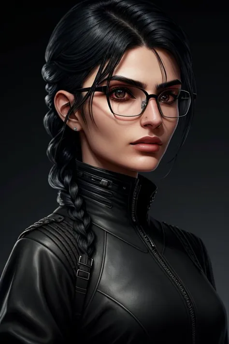 dystopian depiction of, dark, bleak, futuristic, detailed <lora:YaelAris_v1:0.9> YaelAris wearing black rectangle glasses, focus on eyes, close up on face, seashell color hair styled parallel braid