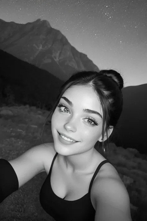 arafed woman taking a selfie with a mountain in the background