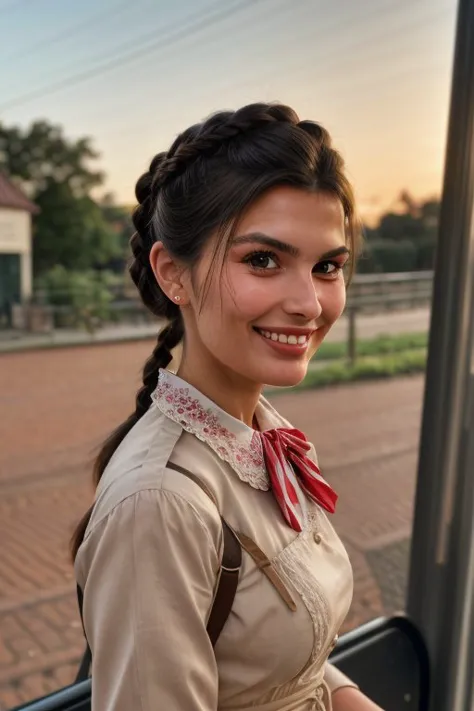 arafed woman in a dress and red bow smiling at the camera