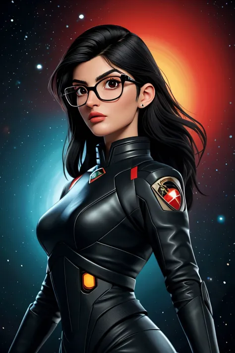 a woman in a black suit and glasses standing in front of a space background