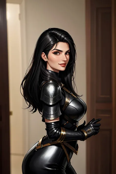 hyperrealistic rendition, ultra detailed, realistic, high definition, half-body of realistic photo of <lora:YaelAris_v1:0.9> YaelAris with black hair and wearing makeup, focus on smiling face, side view wearing leather armor , her hair is styled as middle part straight hair,