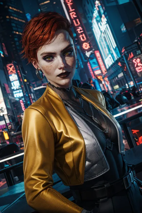 neon,cyberpunk,auroreCP77_soul3142,1girl,red hair,yellow eyes,freckles,yellow jacket,dutch angle,<lora:auroreCP77-06n:0.6>,<lora:add_detail:0.7>,<lora:LowRA:0.6>,