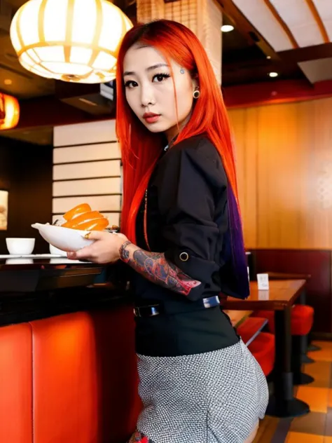 <lora:v4lst33l3_v1:1>, slim asian girl in work outfit at sushi restaurant, multicolored orange hair, piercings, tattoos