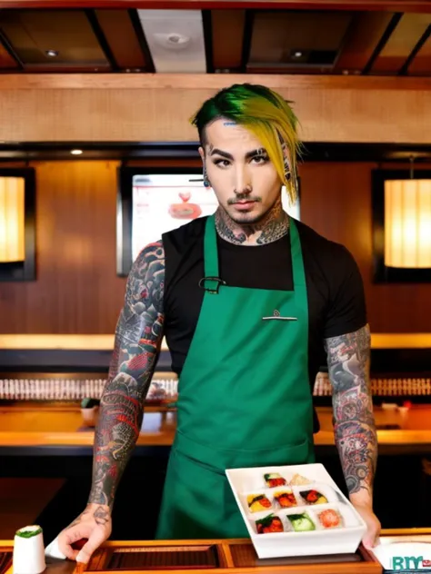 <lora:v4lst33l3_v1:1>, man in work outfit at sushi restaurant, multicolored green hair, piercings, tattoos, v4lst33l3