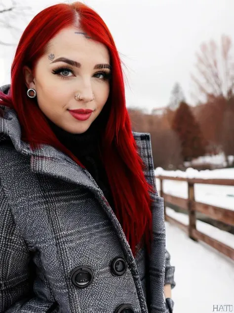 a close up of a woman with red hair wearing a coat