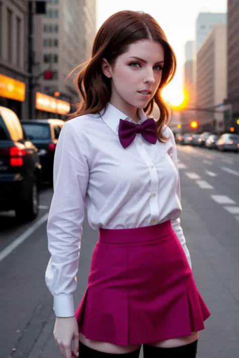 ak, , photo of a woman,  ,beautiful picture, fully clothed, outside, ((bowtie, thighhighs, shirt, skirt)), city street, sunset, detailed, epic, closeup