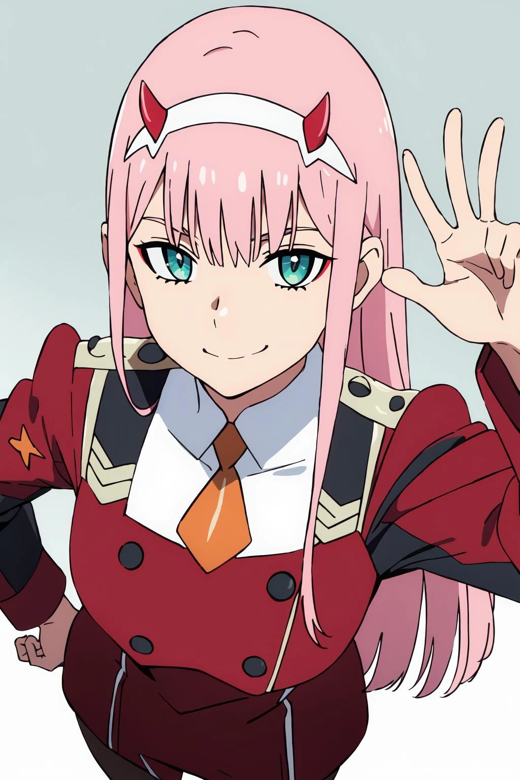 ((best quality)),((highly detailed)),masterpiece,absurdres,detailed face,beautiful face,((detailed eyes, deep eyes)),(1girl),((dynamic pose)),  Zero_Two, 1girl, solo, pink hair, (green eyes), horns, long hair, uniform, hairband, military uniform, looking at viewer, eyeshadow, makeup, military, white hairband, bangs, necktie, standing, full body, from above,, closed mouth, double-breasted, smile