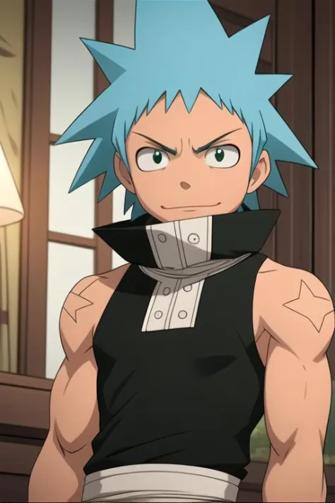 masterpiece, best quality, game cg, 1boy, solo, male focus, looking at viewer, upper body, , anime coloring, , <lora:black_star_soul_eater:0.74>, black_star_soul_eater, blue hair, green eyes, spiked hair, , fairytale, 32k resolution