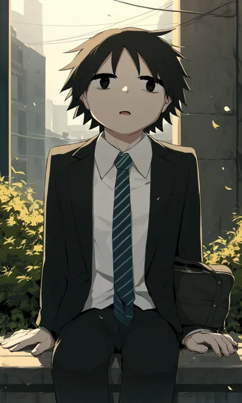 anime boy in suit sitting on ledge with city in background