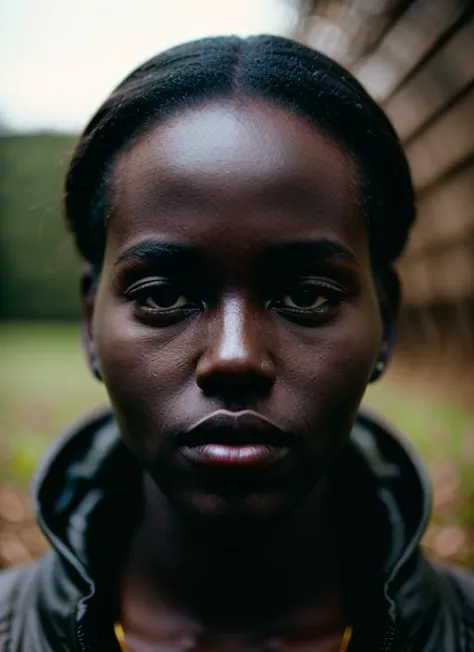 a close up of a woman with a black jacket and a yellow necklace