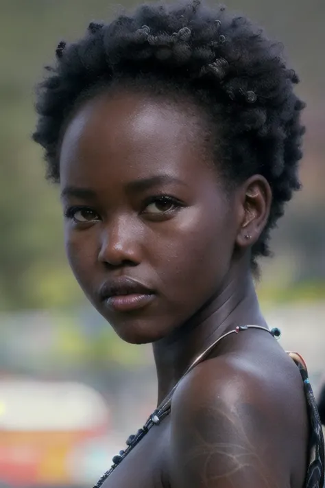 a close up of a woman with a black top and a necklace