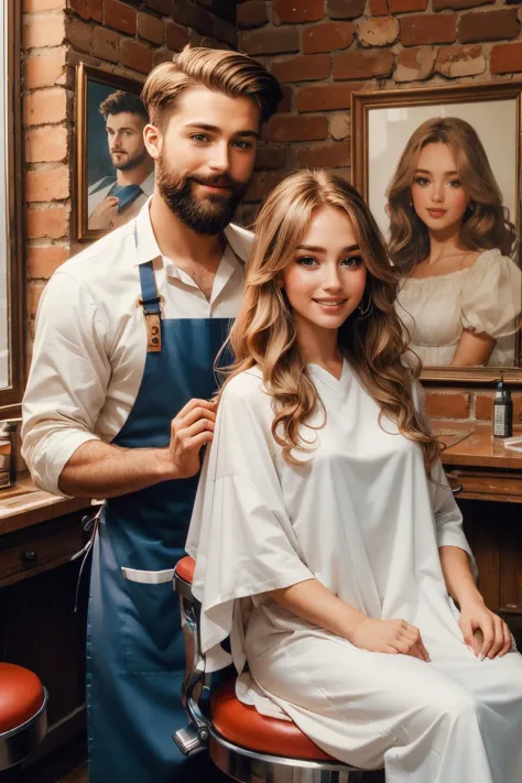 closeup, retro barbershop,two people, man with a beard,apron, holding comb, combing, girl in white cloth, sitting on swivel stoo...