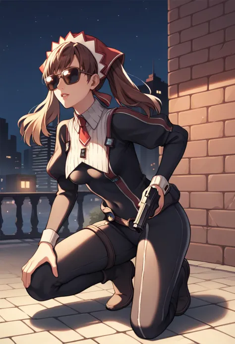 anime girl kneeling on a brick floor with a gun in her hand