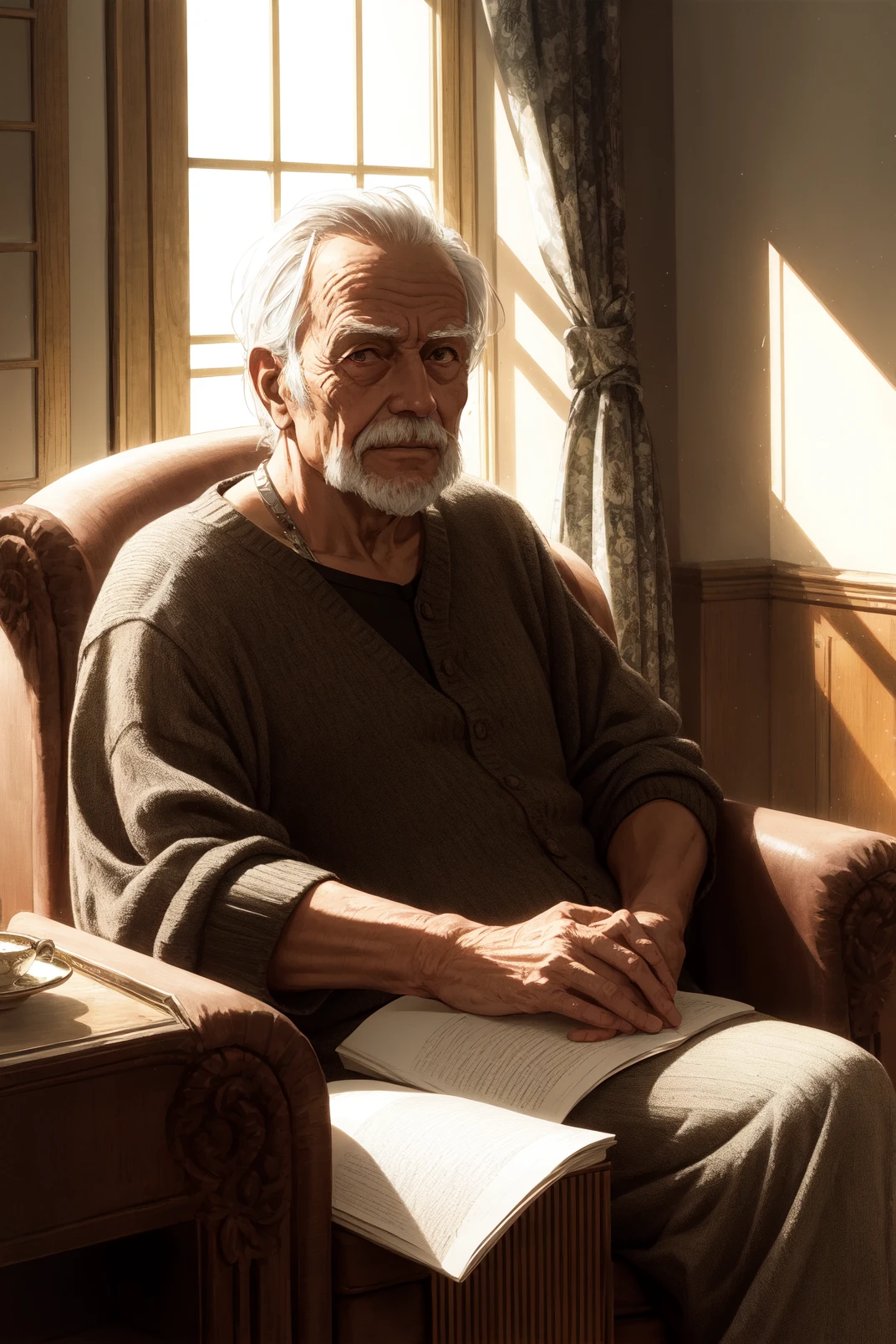 old weathered man, old house, sitting in comfy armchair, streak of sunlight hitting face, casual pose, aesthetic, intricate, caustics, light rays, sunlight