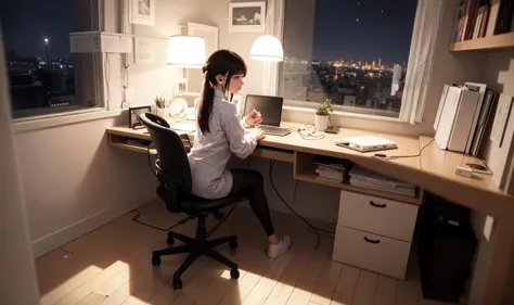 there is a woman sitting at a desk with a laptop