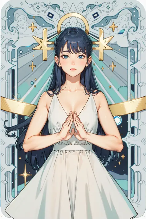 tarot,hands together,vulcan salute,attention, halo behind head,<lora:animetarotcardartstylelora_v20offset:0.8>