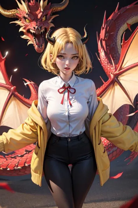 photography,  medium hair layered cut,thigh gap,  medium_big breasts, Dynamic Background,female, golden hair, short hair, yellow eyes, yellow cardigan, white shirts, red ribbon, black pants, school uniform, dragon horns, dragon tail, smaller female,  dragon eyes,