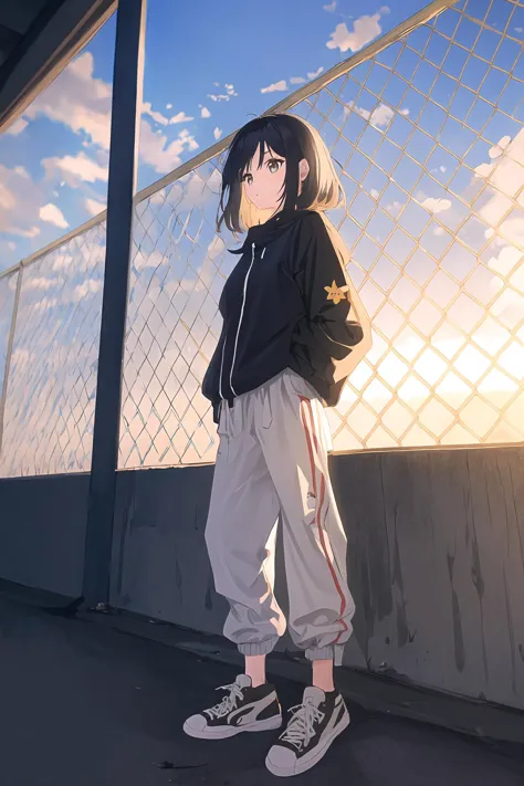 (best quality, masterpiece, highres),1girl,solo,parted bangs,sneakers,harem_pants,zeiss otus 55mm,
<lora:chain-link fence_v1.05:...