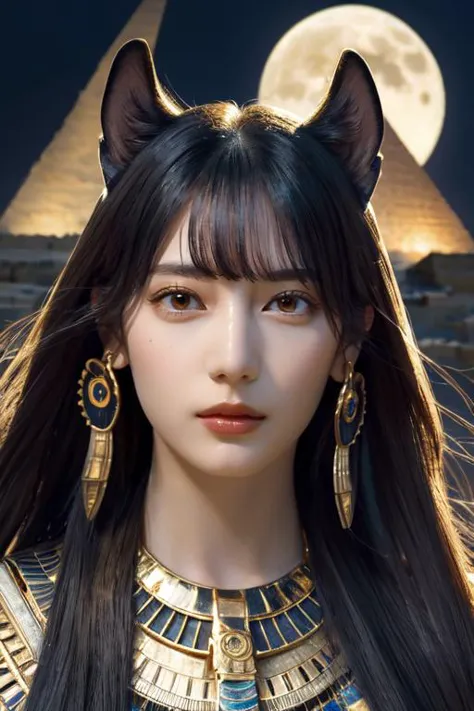 (otherworldly, otherworldly atmosphere, otherworldly appearance), highly insanely detailed, masterpiece, top quality, best quality, highres, 4k, 8k, RAW photo, (long_hair, long hair), collar, earrings, jewelry, 
(random colors cloth, random colors hair, random long hair, dynamic hair, glowing hair), 
long hair, eyelashes, eyeliner, makeup, hair over one eye, 
(dynamic pose), (dynamic weather), (dynamic background), nsfw, 
1girl, (portrait:1.2), 
moon, night, ((ancient egyptian theme)), (anubis ears), pyramids, staff, (gold), golden ornaments, 
1girl, looking at viewer, bangs, parted lips, 
<lora:Nao Kosaka_v1:0.7>, (fantasy world)