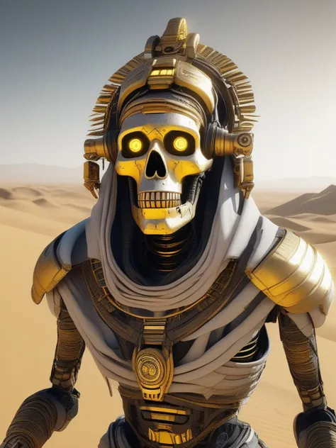 a close up of a skeleton in a gold and silver outfit