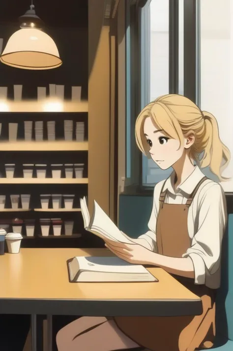 a woman sitting at a table reading a book in a cafe