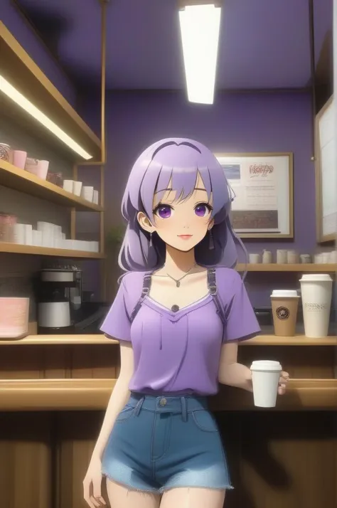 a woman in a purple shirt and blue shorts holding a cup of coffee