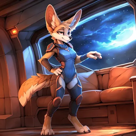 anthro, canine, female, (fennec) solo, anthro, wearing 40k space marine armor, space marine, posing for picture, detailed backgr...