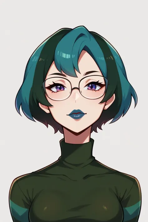 a cartoon image of a woman with glasses and a green top