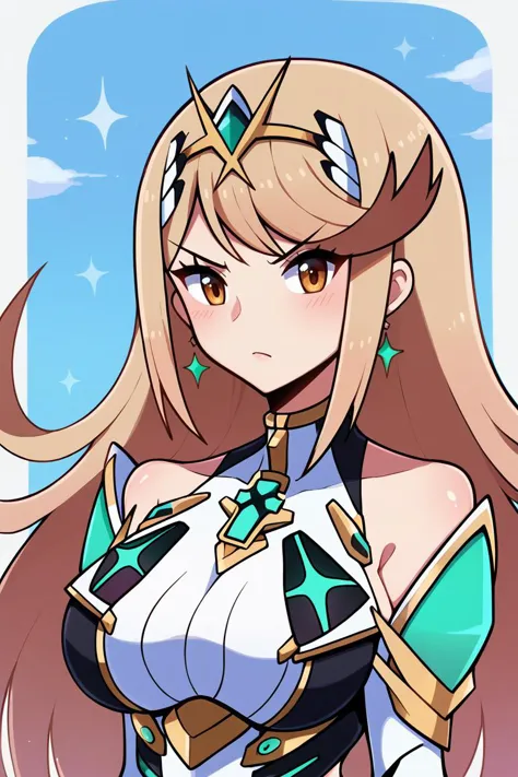 score_9, score_8_up, score_7_up, BREAK <lora:touyarokii-guy-PONYv1:1>, 1girl, solo, breasts, mythra \(xenoblade\), outdoors, portrait,