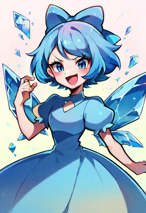 1girl, 
score_9, score_8_up, score_7_up, zPDXL, (BREAK:-1), white background, blue dress, wings, blue hair, puffy short sleeves, looking at viewer, short hair, short sleeves, v-shaped eyebrows, blush, :d, solo, blue eyes, blue bow, ice, blue wings, puffy sleeves, dress, simple background, open mouth, smile, hair bow, bow, ice wings, :3
 <lora:touyarokii-guy-PONY-styl:1>