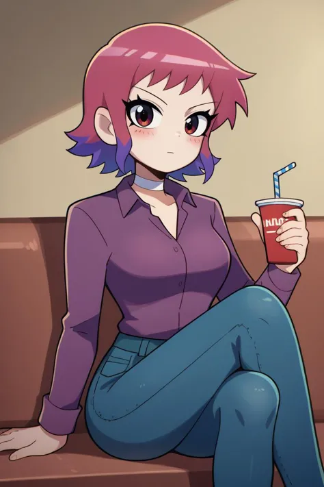 score_9, score_8_up, score_7_up, BREAK <lora:touyarokii-guy-PONYv1:1>, 1girl, solo, breasts,  <lora:RamonaSDXL:0.7>  ramona flowers, long sleeves, white choker, collared shirt, denim, jeans, purple shirt, red solo cup, holding, looking at viewer, light, blush, sitting, crossed legs