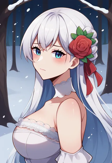 score_9, score_8_up, score_7_up,
BREAK 
<lora:touyarokii-guy-PONY-styl:1>, mature female, white dress, blush, white hair, bangs,dress,white dress,hair ornament,flower,looking at viewer,hair flower,red flower,red ribbon,white veil,
,bare shoulders,choker,ribbon,bangs,alternate costume,from side,rose,upper body,strapless,very long hair,hair ribbon,red rose,closed mouth,wrist cuffs,strapless dress,looking to the side,sidelocks,detached sleeves,white choker,frills,
BREAK outdoors,snow background,forest,snowing,