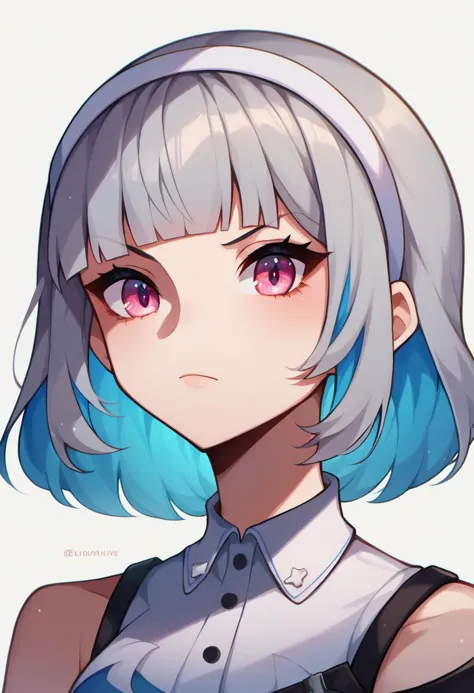 1girl, 
score_9, score_8_up, score_7_up, zPDXL, (BREAK:-1), white background, portrait, headband, jitome, two-tone hair, solo, grey hair, colored inner hair, virtual youtuber, multicolored hair, blunt bangs, short hair, white headband, simple background, blue hair, hair intakes, pink eyes, bob cut
 <lora:touyarokii-guy-PONY-styl:1>