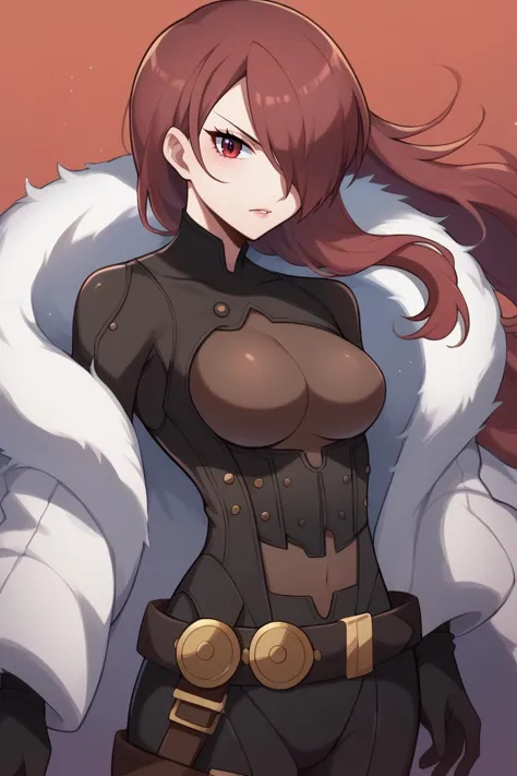 score_9, score_8_up, score_7_up, BREAK <lora:touyarokii-guy-PONYv1:1>, 1girl, solo, breasts,  <lora:persona3_kirijou_ponyXL:0.9> kirijoarena, hair over one eye, fur coat, black bodysuit, black gloves, belt